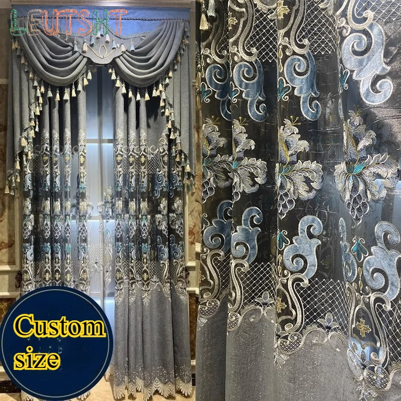 European Style Luxury Grey Chenille Window Curtains for Living Room Bedroom Dining Thickened Villa Embroidered  Tulle Curtain