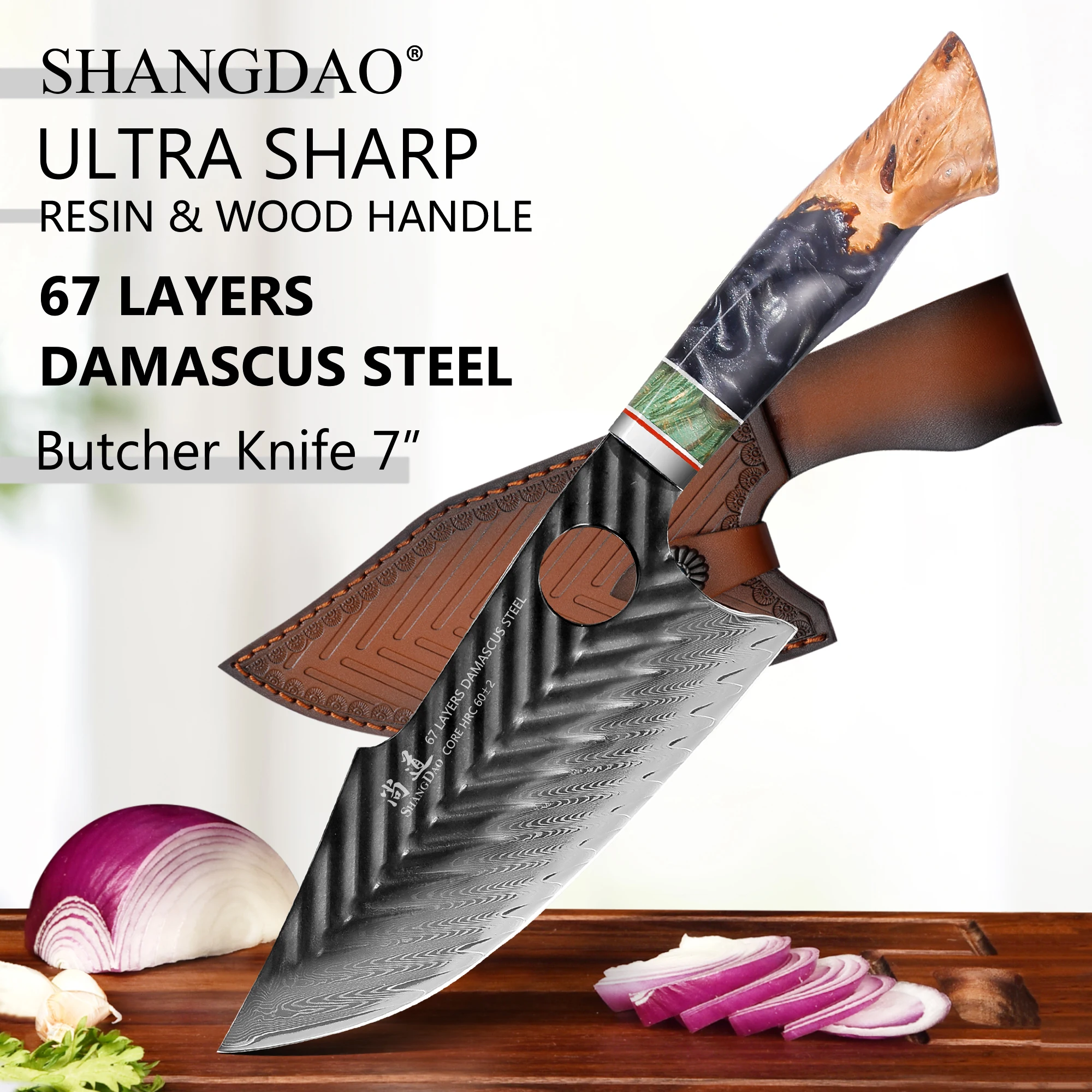 

SHANGDAO 7 Inch Damascus Steel Butcher Knife Hand Forged Resin & Wood Handle with Leather Sheath