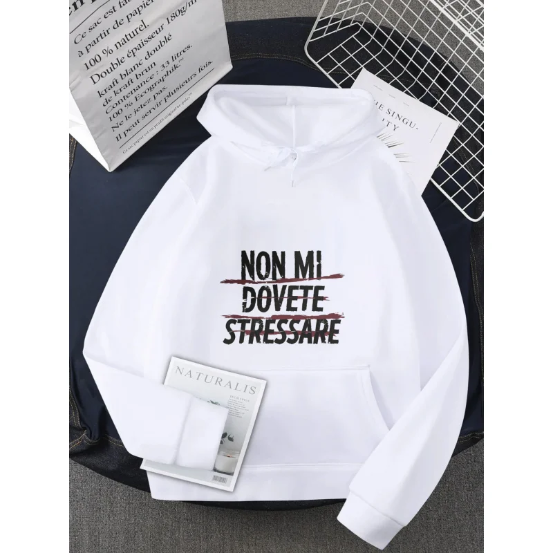 سترة رجالية بغطاء للرأس باللون الأسود بنص إيطالي غير Mi Dovete Stressare مطبوعة من القطن عالي الجودة ملابس غير رسمية للارتداء اليومي