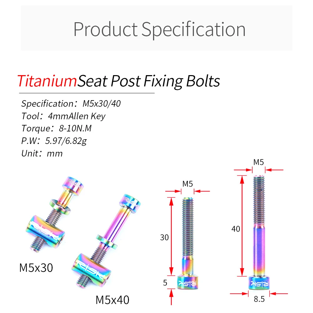 RISK 2pcs/box Mountain Road BMX Bike Bicycle Seat Tube M5x30 M5x40 Seat Post Fixing Bolts Screws Nuts With Washer Titanium Alloy