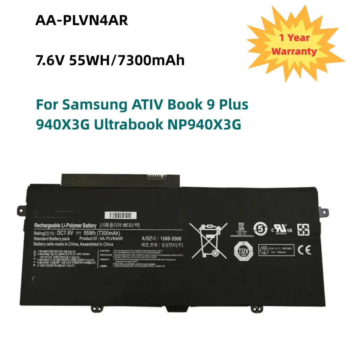 AA-PLVN4AR Laptop Battery For Samsung ATIV Book 9 Plus 940X3G Ultrabook NP940X3G Series AAPLVN4AR 1588-3366 7.6V 55WH