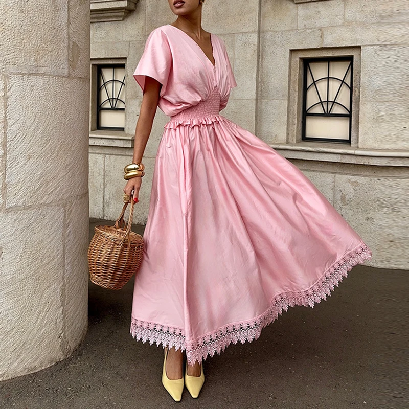 

2026 Casual Short Sleeve Draped Long Dress Women Elegant Splicing Hollow Maxi Dress Sexy V-neck High Waist Cotton Summer Dress