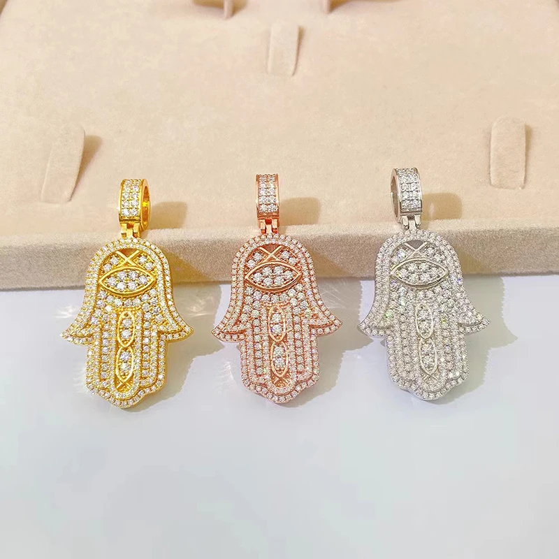 Iced Moissanite Hand Fatima Pendant Women Men 925 Sterling Silver Hamsa Fatima Pendant Ins Hiphop Handmade Jewelry Collares Gift