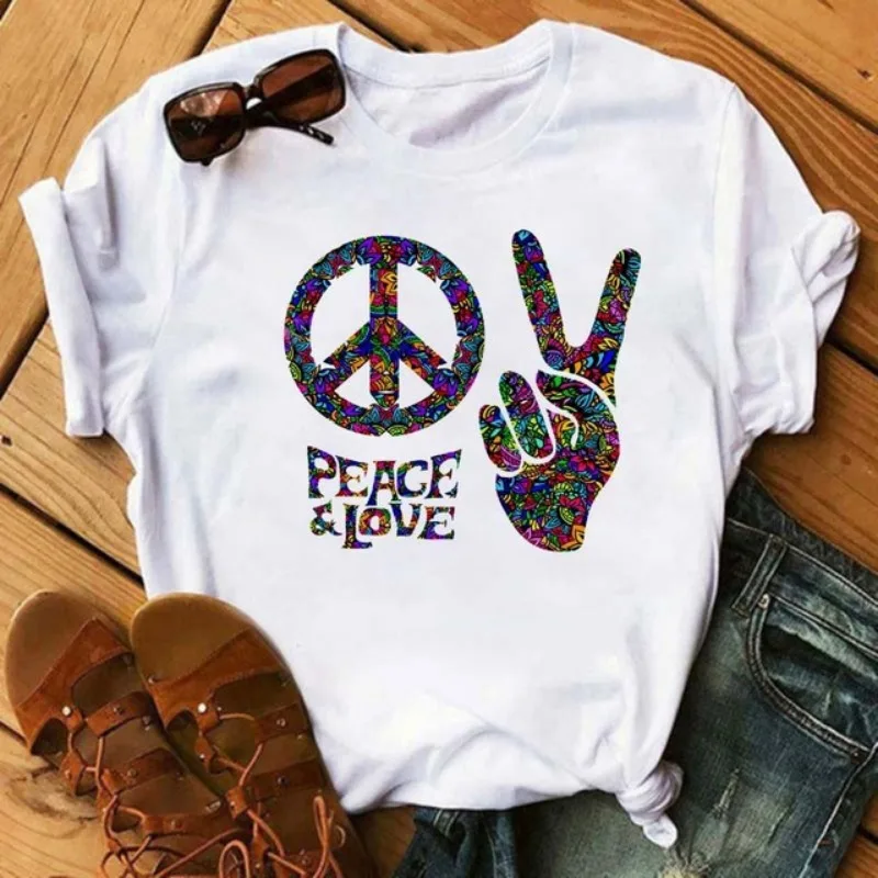 Women's Short-sleeved Round Neck Short-sleeved T-shirt Fashion Maycaur Peace Love Print Harajuku Kawaii Clothes Oversized Tee