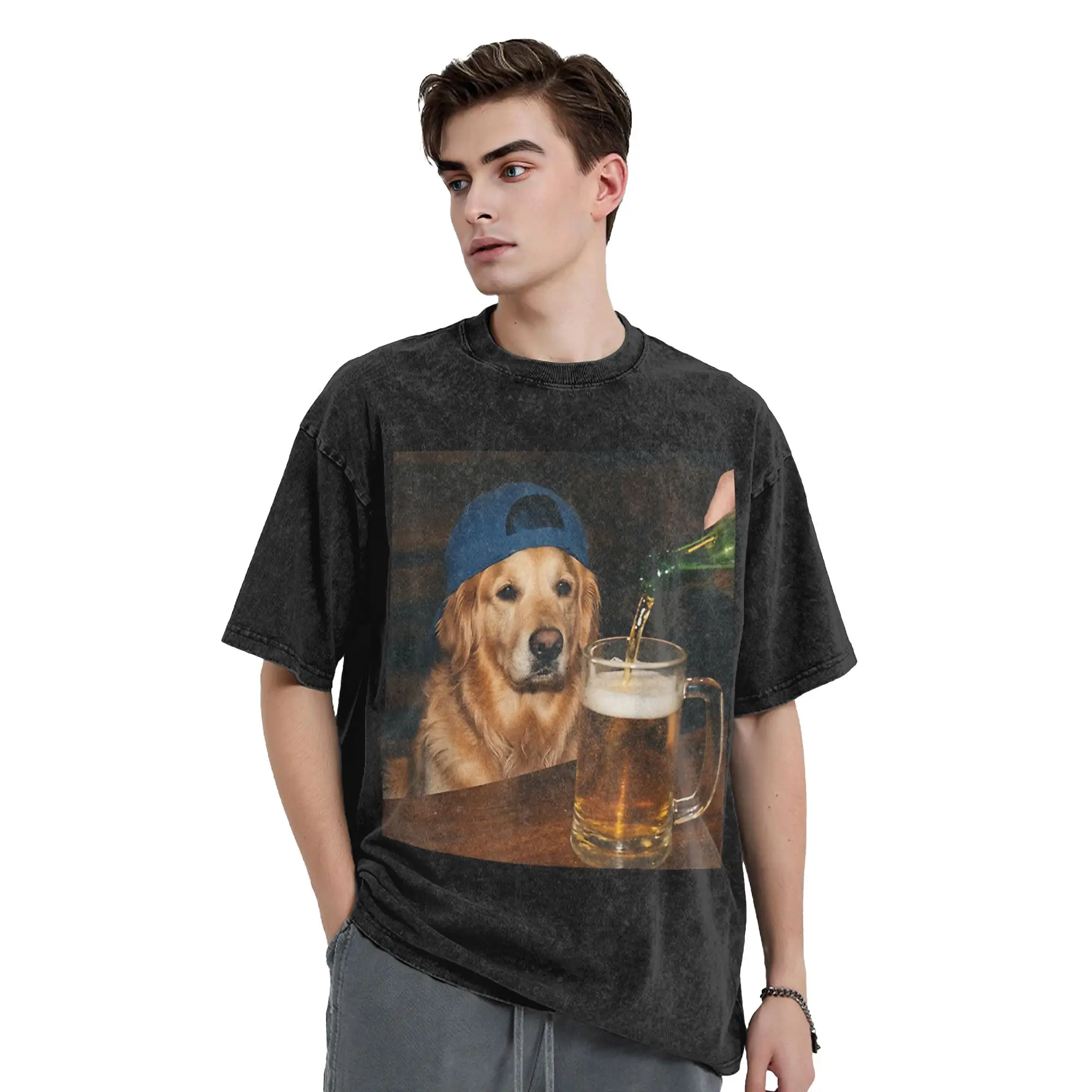Customization Golden Retriever Drinking Beer Funny Dog Meme T Shirts Washed 100% Cotton Harajuku T-Shirt Tops Streetwear Printe
