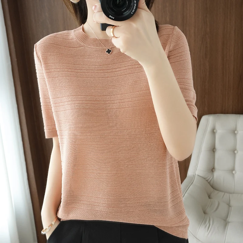 100% cotton round neck thin loose breathable pullover short sleeve 2023 summer new women\'s casual knitting half sleeve top T-shi