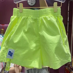 Short taille haute A-Line pour femme, pantalon court, jambe large, étiquette, jaune néon, coréen, décontracté, vêtements de rue, document de bonbons, été