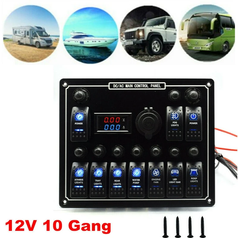 10 Gang Marine Rocker Switch Panel With Digital Voltage Display Blue LED ON-Off Button Switches