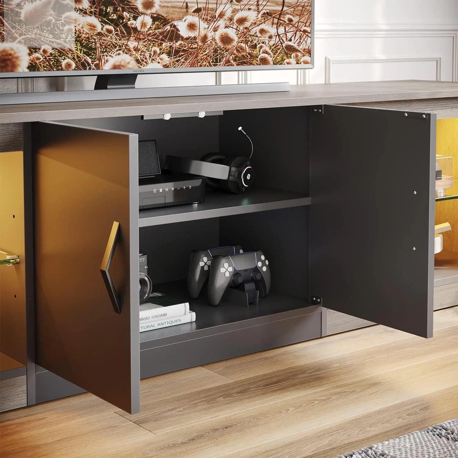70 Inch Led TV Stand for 75 Inch TV Large Entertainment Center Gaming with Adjustable Glass Shelves Two Cabinets Modern image 4