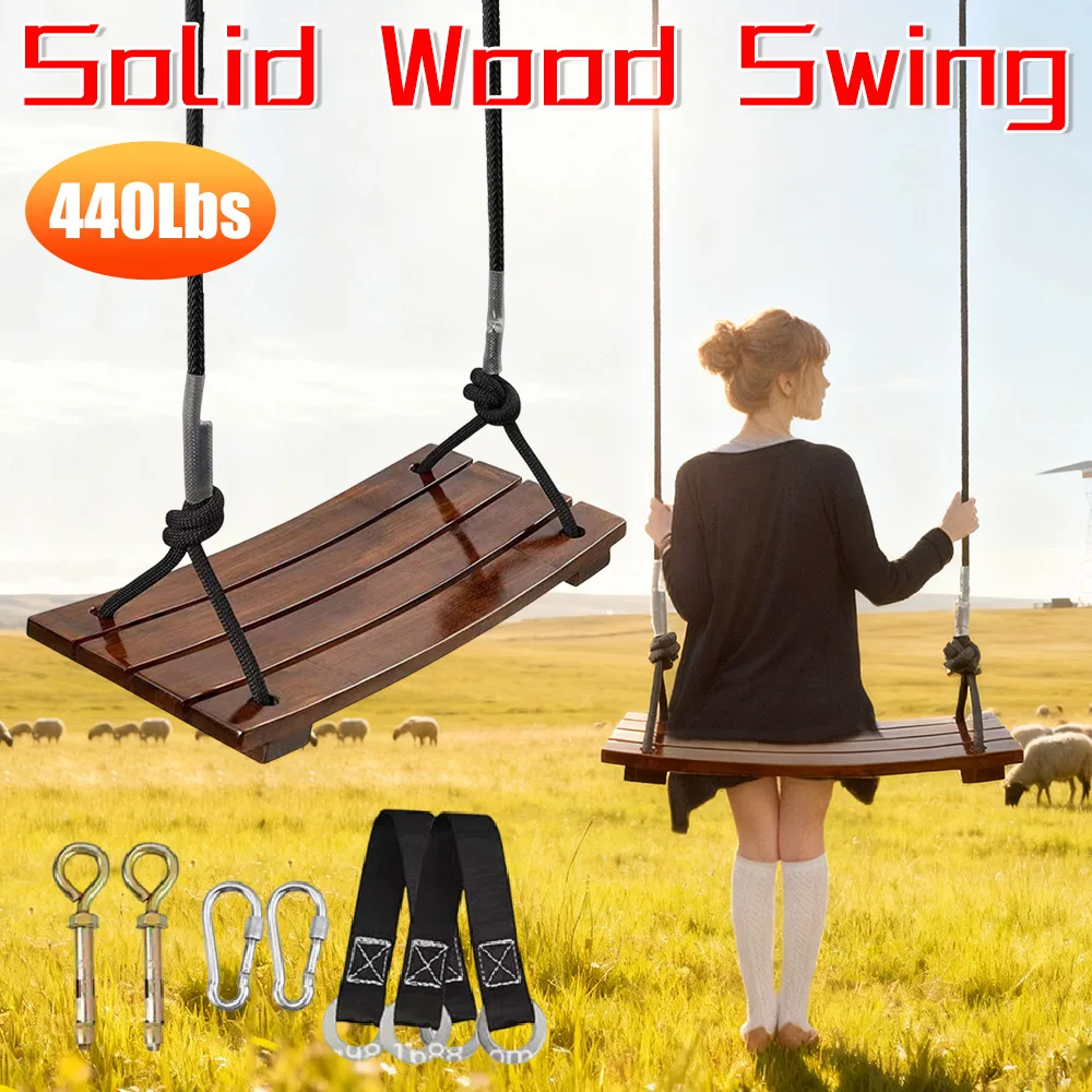 مقعد أرجوحة خشبي للحنين في الهواء الطلق للأطفال مجموعة أشرطة شجرة ملحقات للفناء الخلفي والحديقة وارتفاع ملعب قابل للتعديل #1