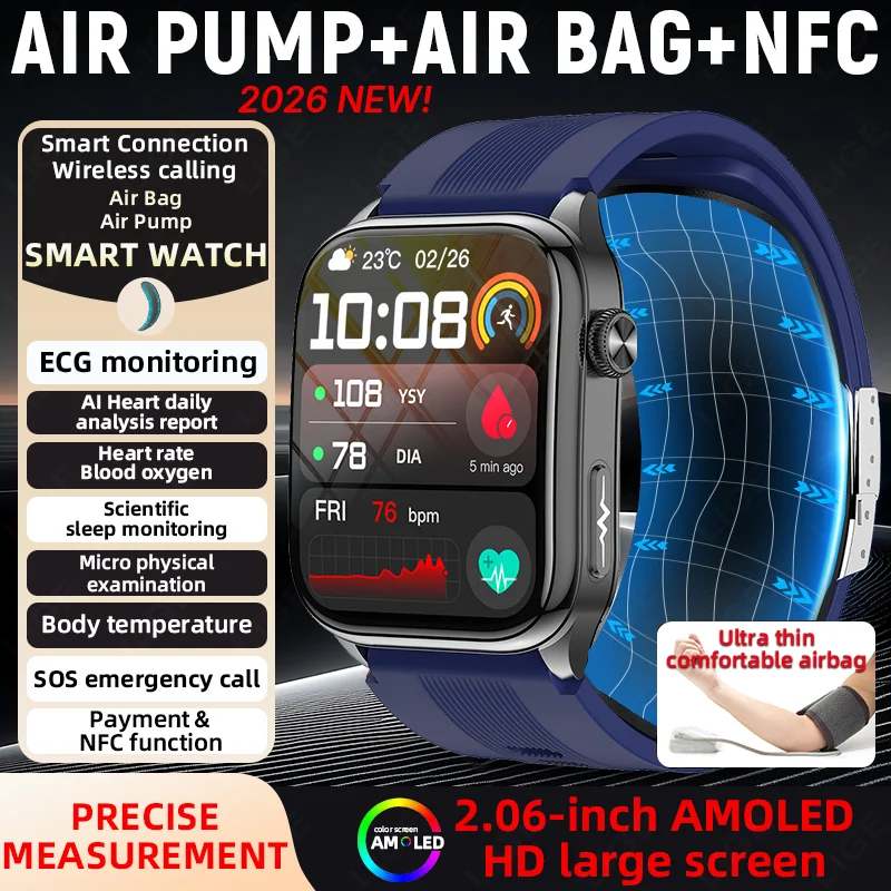 

Смарт-часы LIGE New Health для мужчин с функцией измерения давления (воздушный насос, подушка безопасности), ЭКГ+PPG, мониторингом липидов крови, мочевой кислоты, частоты сердечных сокращений, температуры, NFC