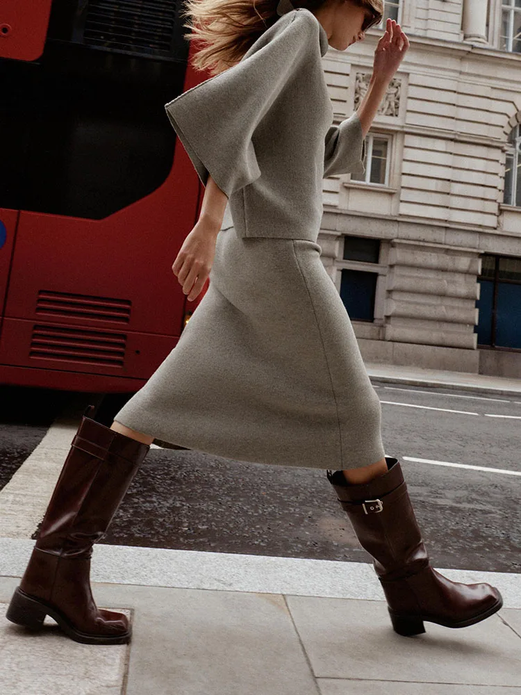 New Autumn Women's Knitted Sweater A-Line Midi Skirt Faionable Ethnic Sle Stage Costume Ladies Premium Clothing