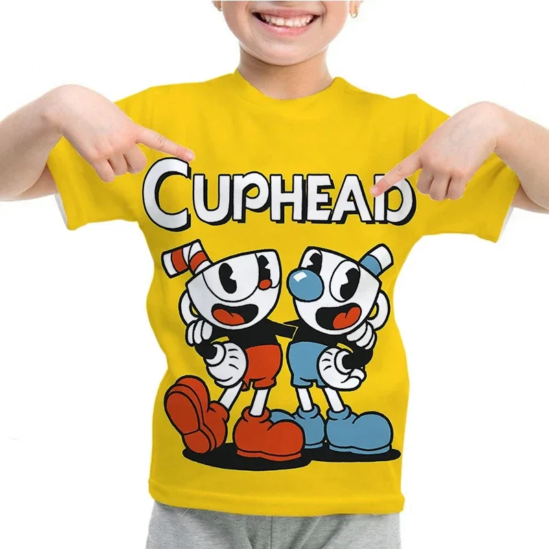 Children Clothing Kids Anime T Shirt Harajuku Boys Girls Cartoon Tees Cuphead Mugman Print T-shirts Summer Short Sleeve Tops