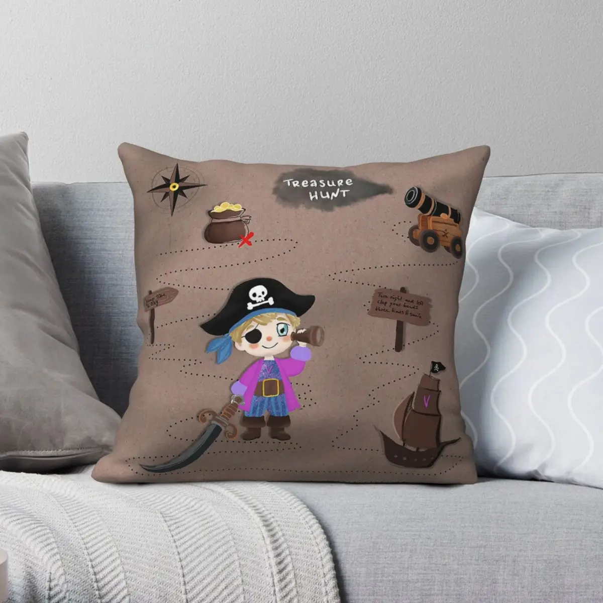 Pirate Kid Treasure Hunt Pillowcase Polyester Linen Velvet Creative Zip Decorative Pillow Case Home Cushion Cover Wholesale