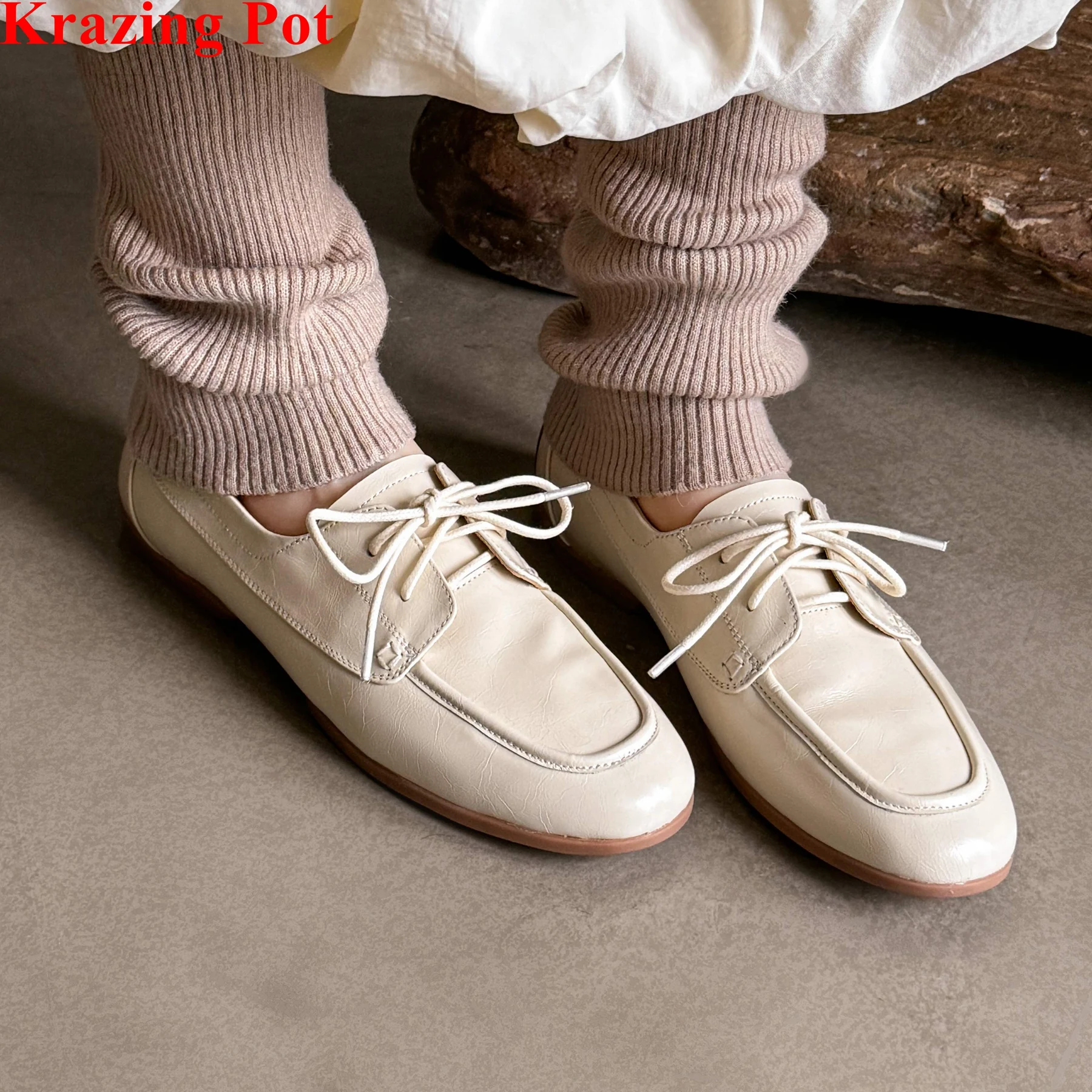

Genuine Leather Loafers Round Toe Low Heels Spring Autumn Shoes Dating Lace Up Casual Retro Dress Vacation Ins Brand Women Pumps