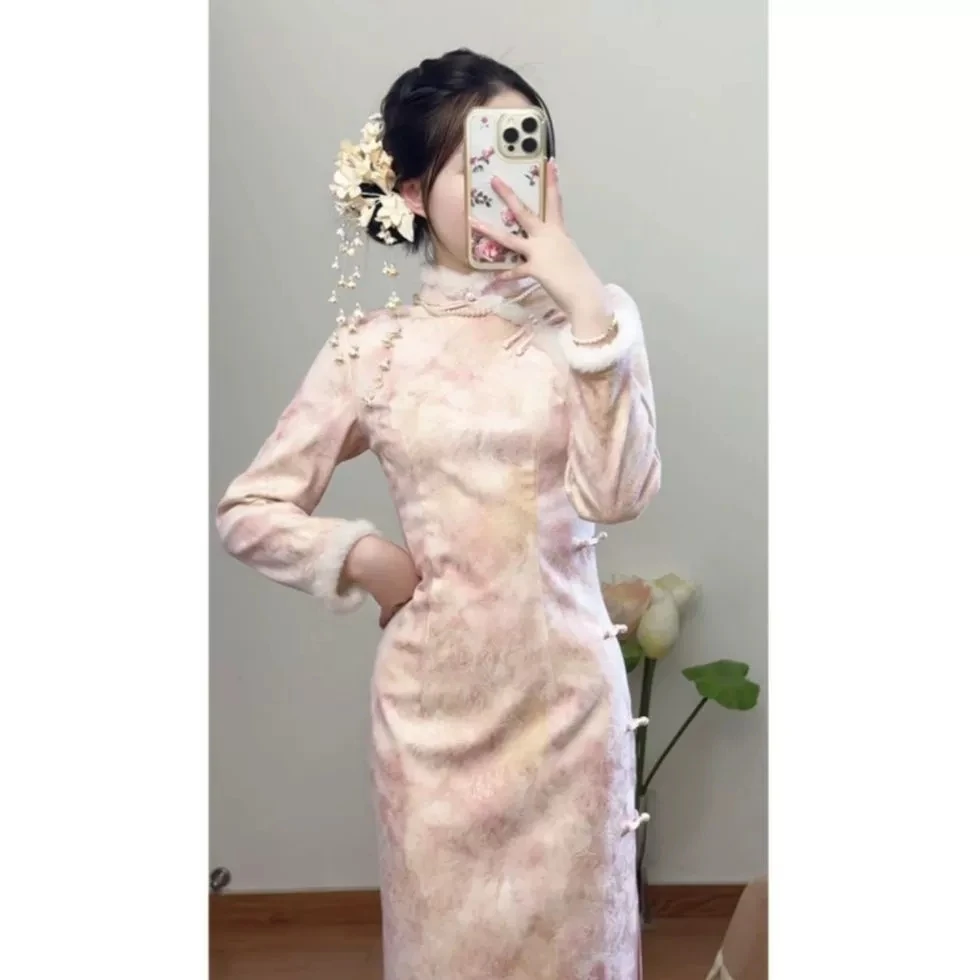 

2026 женский винтажный комбинезон Cheongsam с длинными рукавами и вышивкой на талии, длинная юбка