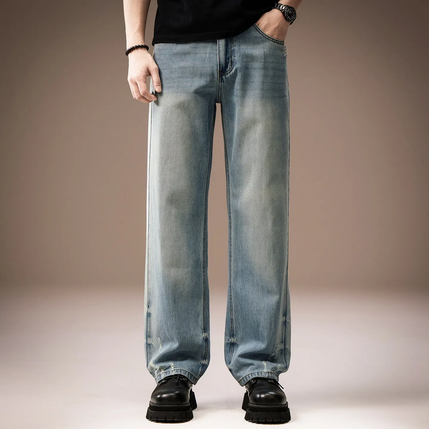 American Style New Fashion Men Solid Color Light Blue Black Solid Color Simple Basic Straight Jeans Pants Male Denim Trousers