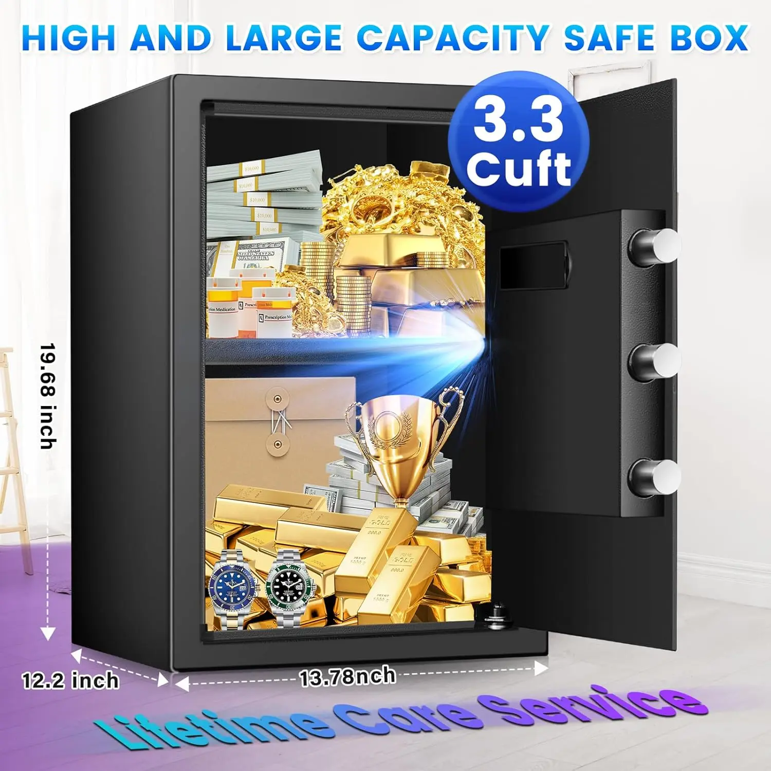 19.7" Fireproof Waterproof Home Safe with Digital Lock, Alarm System & Removable Shelf for Jewelry Documents