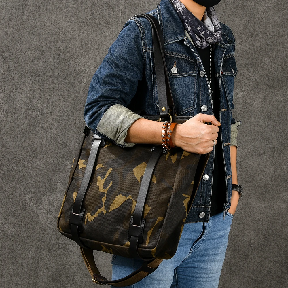 Canvas Men\'s Shoulder Messenger Tote Bag Camouflage Handbag Male Travel Crossbody Bags Vintage Oil Wax Leather Soft Men