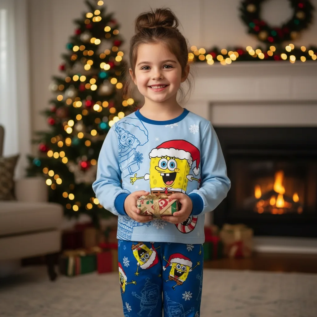 2026 SpongeBob SquarePants مطابقة عيد الميلاد الخريف/الشتاء عيد الميلاد مقنعين بيجامة مجموعة، الكبار/الأطفال زوجين الزي #1