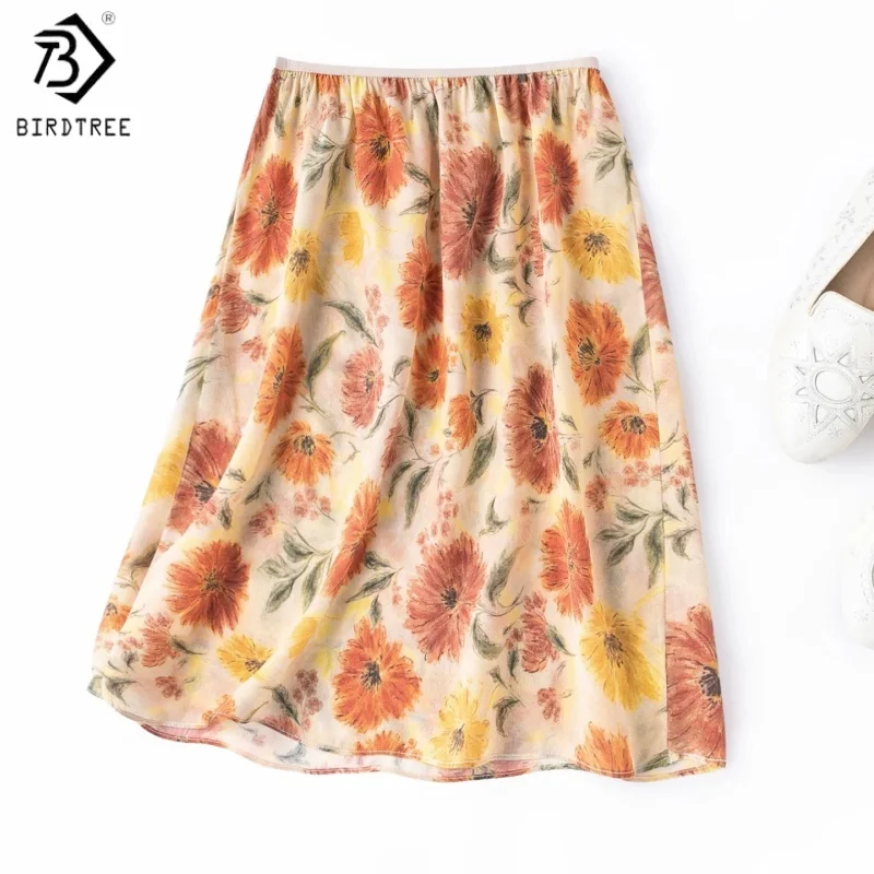 

Birdtree, 100% Real Silk Printed Skirt, Women's Elegant Double Crepe Straight Skirts, Elastic Waist, 2026 Summer New D64032JF