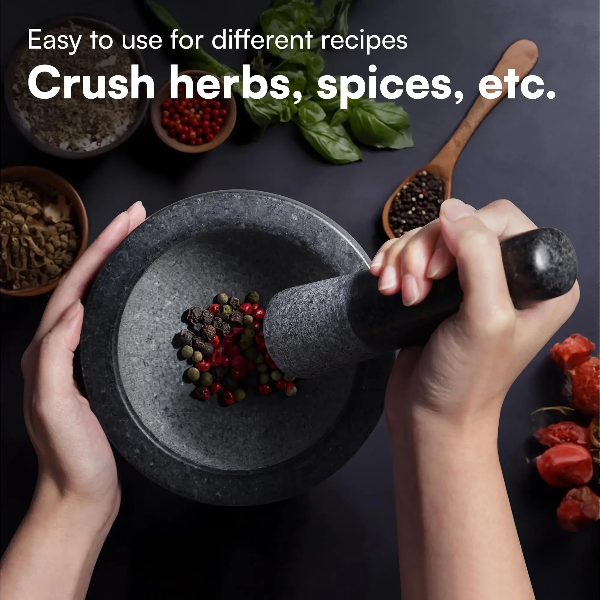 Mortar and Pestle Set Premium Solid Granite Stone Grinder Non Slip Base 16cm For Make Crushing and Mashing Herb Spices Guacamole