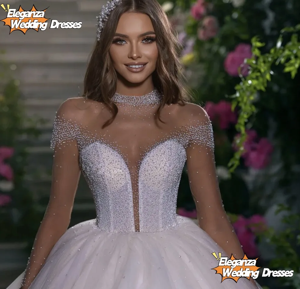 فساتين زفاف مخصصة ثوب الزفاف الديكور اللؤلؤ بلورات عالية الياقة الوهم طويلة الأكمام Vestidos De Noiva