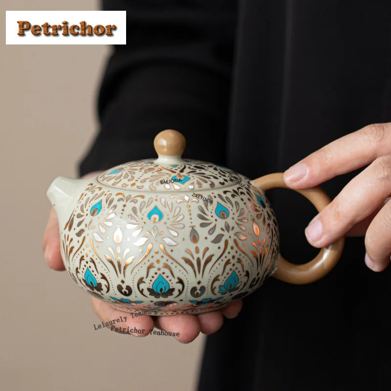 HOYIHM 220ml Ru Kiln Dunhuang Phoenix Feather Teapot Zen Tea Infuser Pot Tea Making Kettle With Strainer Tableware Ornaments