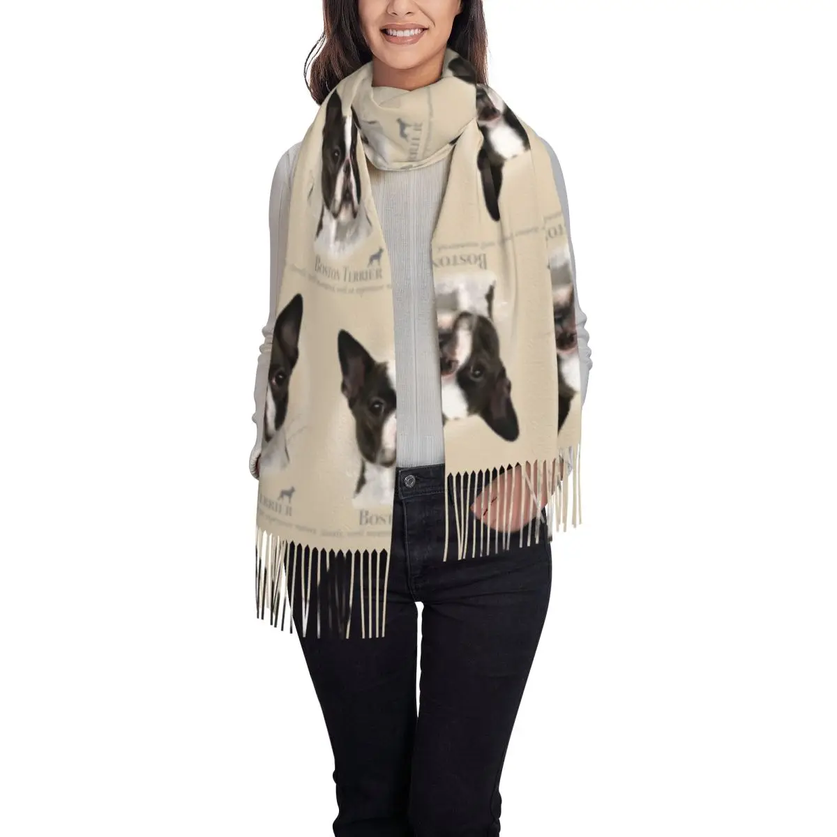 Custom Boston Terrier Tassel Scarf Women Soft Pet Animal Dog Shawls Wraps Female Winter Fall Scarves