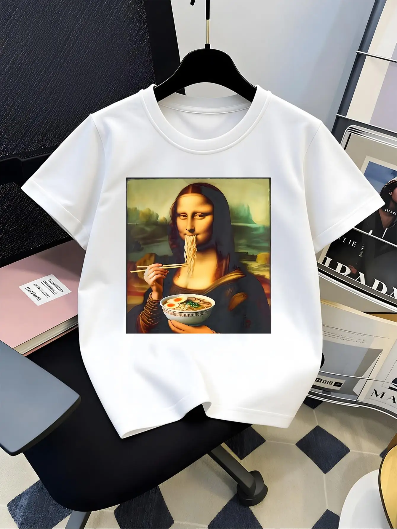 Funny Mona Lisa Eating Ramen Art Graphic T Shirt For Boys Girls Family Matching Short Sleeve Tee Parent Kids Summer Tops
