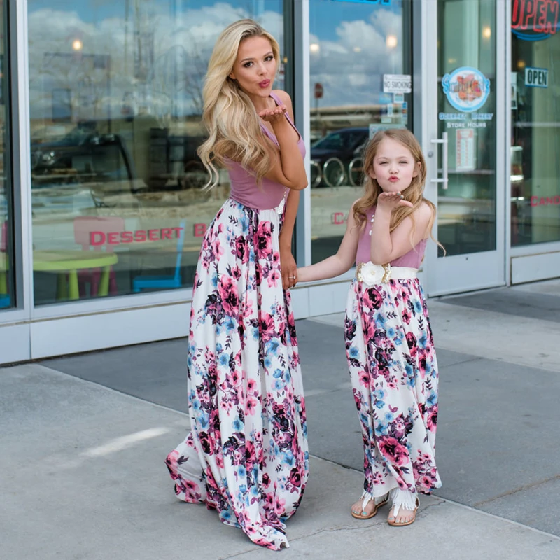 Girls Mother And Me Dress Matching Family Clothes Mother Daughter Dresses Outfits Mom And Daughter Dress Sleeveless Long Dress