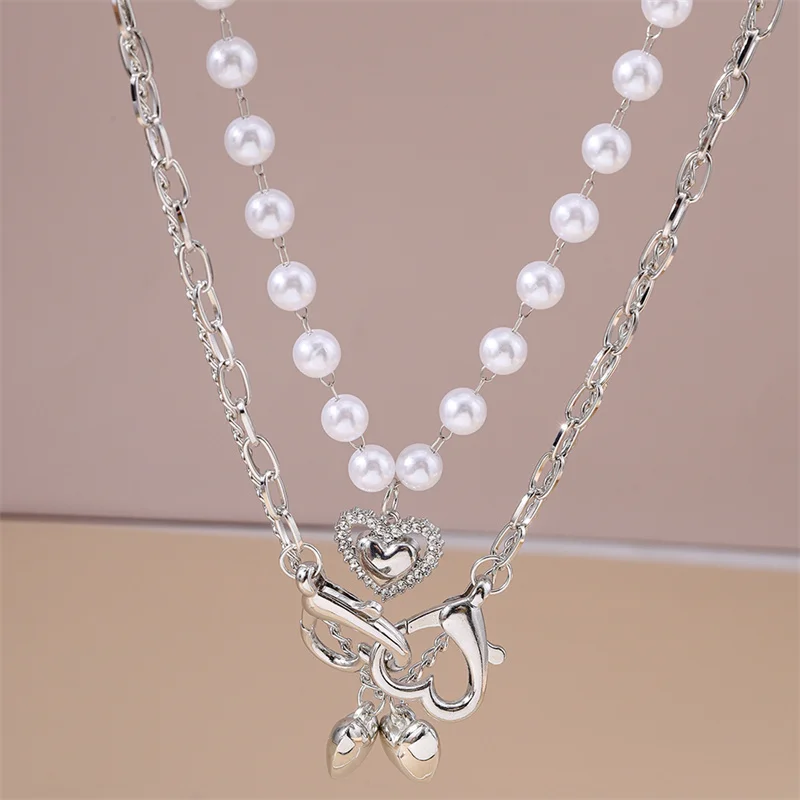 

Fashion Multi Layer Imitation Pearl Necklace for Women Metal Love Heart Pendant Necklace Girls Party Festival Jewelry Gifts