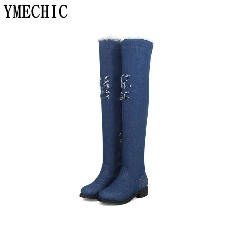 2023 Winter Denim Hole Hollow Knight Over Knee Boots Womens Med Block Heel Blue Black Ladies Riding Overknee Boots Plus Size