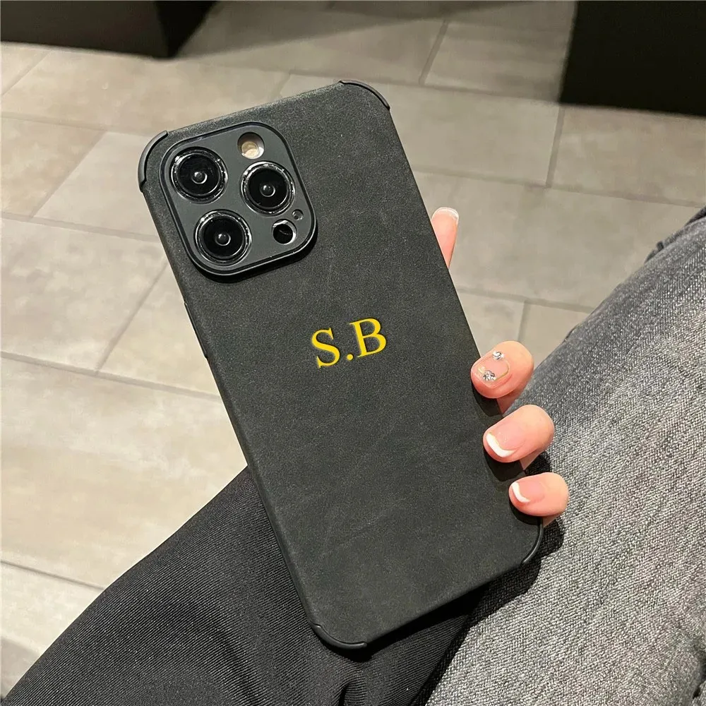 Case For iPhone 16 15 14 13 12 Pro Max Personalized Name Luxury Lamskin Matte Leather Custom Initials DIY Engraved Cover 11 Pro