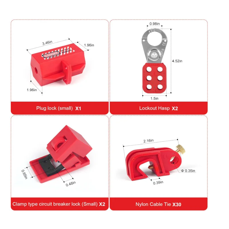 Red Set Electrical Lockout Tagout Kits Safety Hasp Latch Warning Tags Circuit Breaker Loto Locks Nylon Ties with Pocket Bag