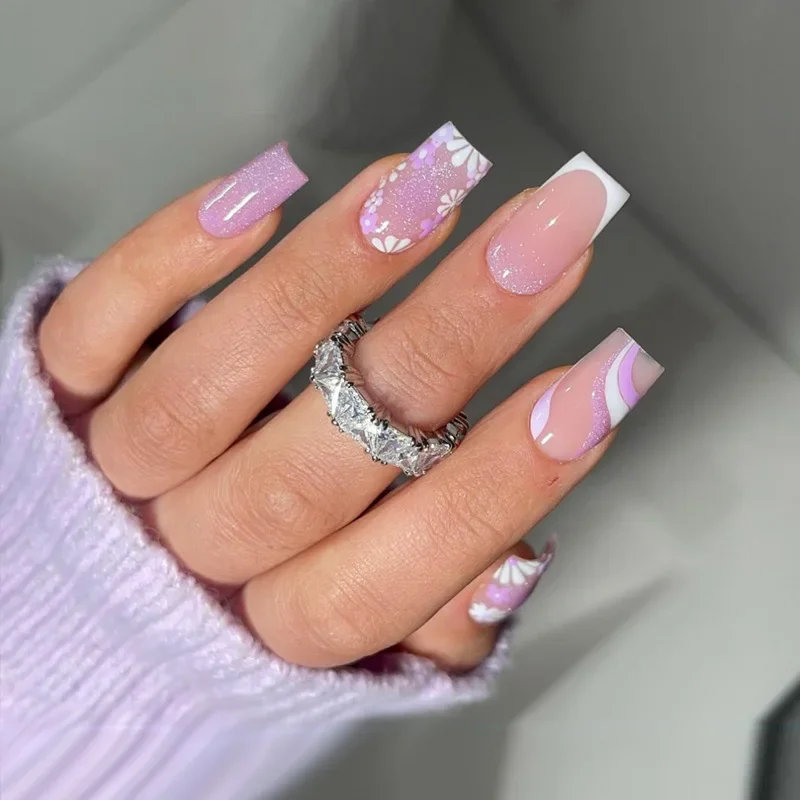 

24Pcs Short Square Floral False Nails with Glue Press on Nails Full Cover Shimmery Powder Glitter French Fake Nail Manicure Tips