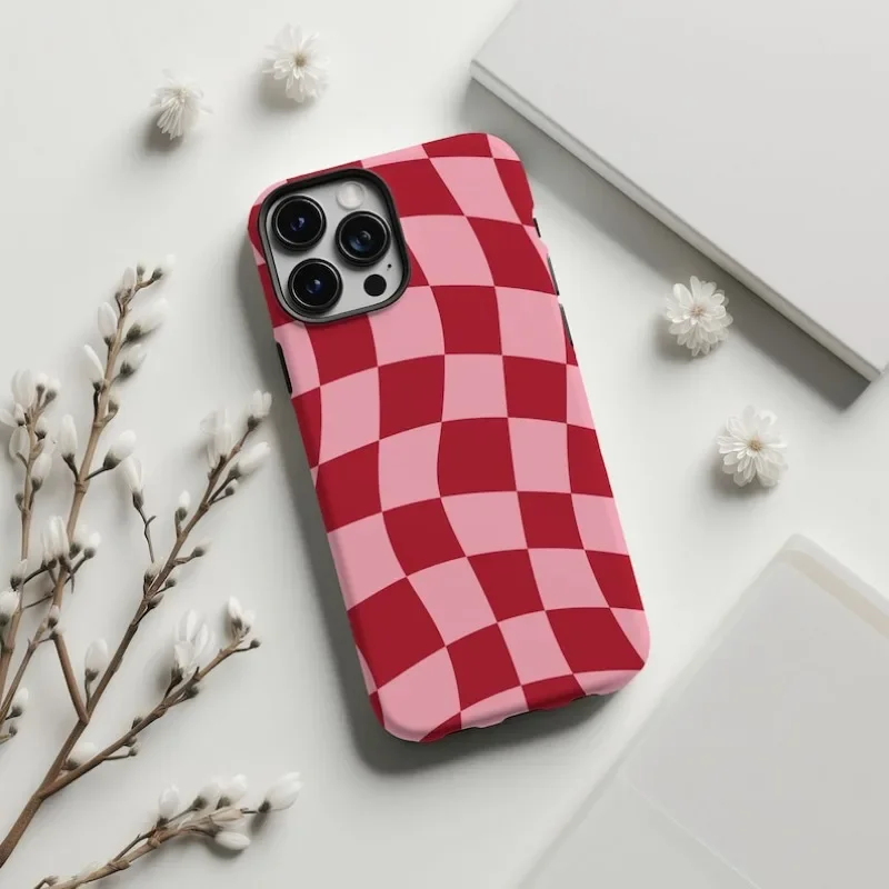 Retro Red Wavy Checkered Phone Case For IPHONE 16ProMax 15 14 13 12 11 PRO Plus Acrylic TPU Two in one Mobile Phone Cases