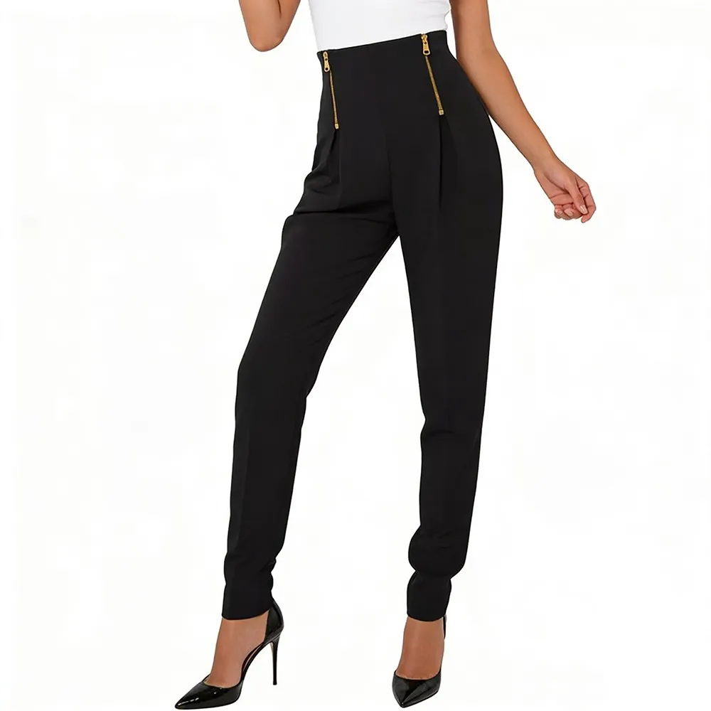 Twotwinstyle preto emendado dobras chique calças femininas cintura alta emagrecimento minimalista streetwear calças femininas outono nova moda