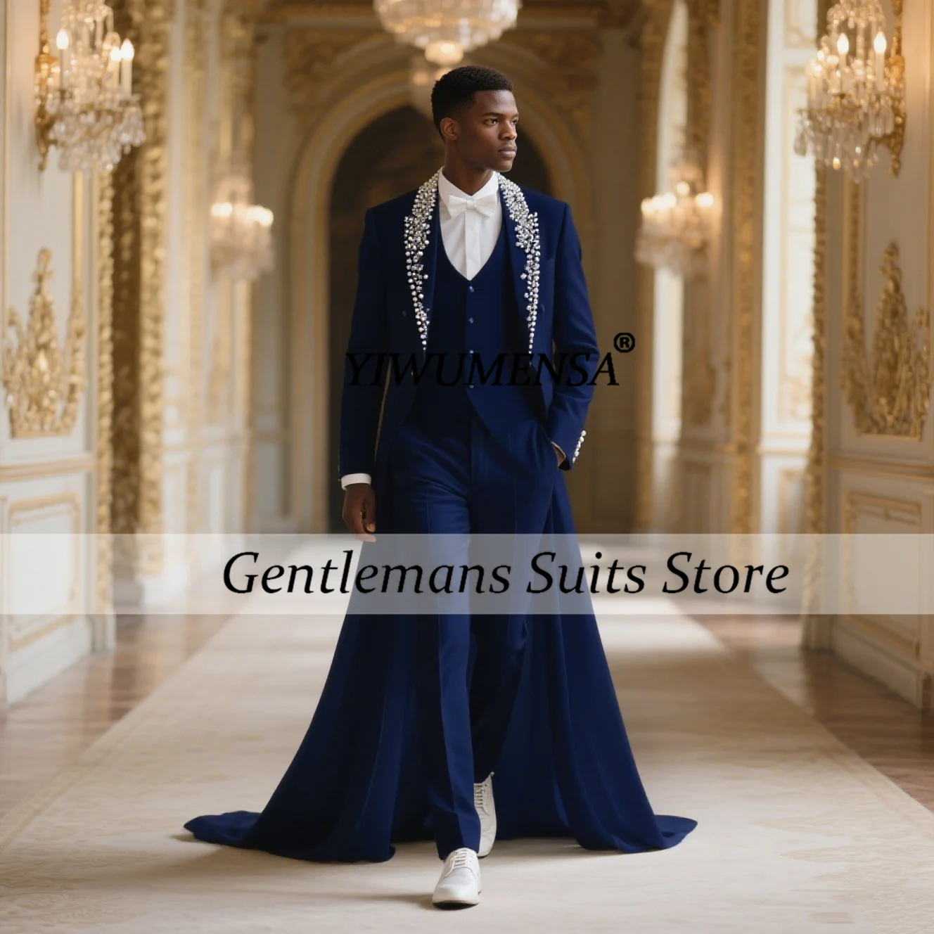 

Luxury Crystals Beaded Man Suit For Wedding Single Breasted Prom Blazers Long Train Customized Groom Banquet Party Tuxedos Suits