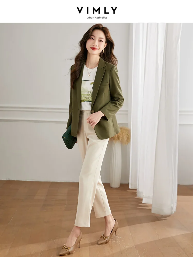 Vimly Professional Work Green Blazers for Women Elegant Stylish 2023 Spring Autumn Notched Neck Long Sleeve Fashion Suit Jacket