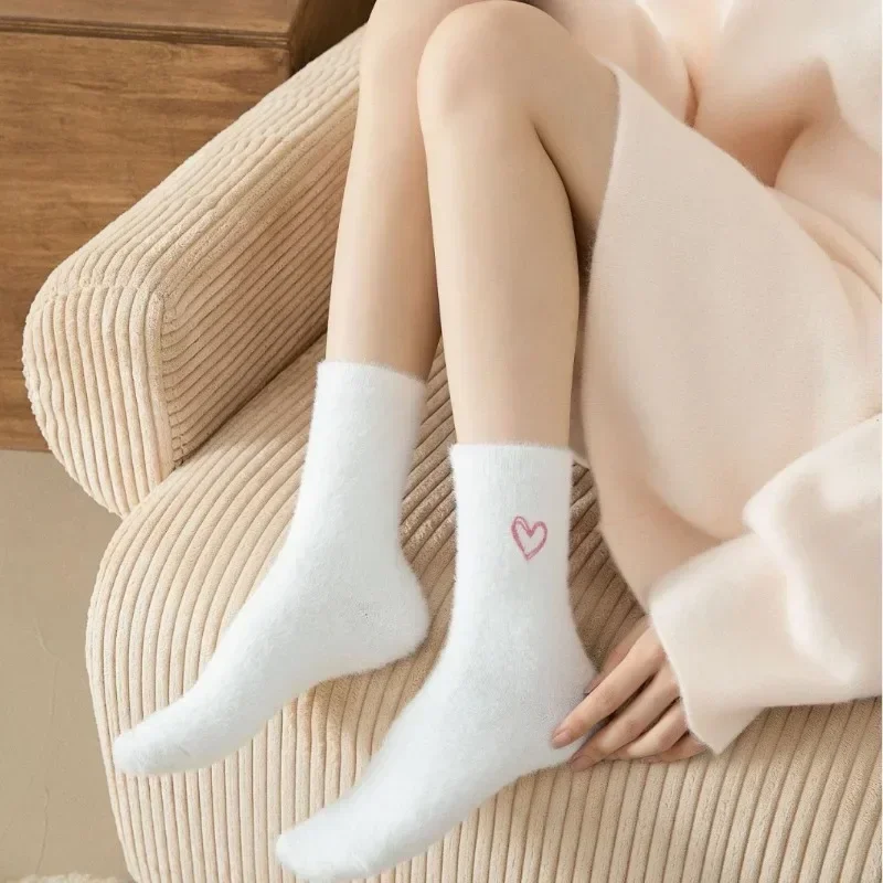 

Women's Thickened Mink Fur Socks Pink Heart Embroidery Plush Sleepwear Warm Middle Tube Stockings for Autumn Winter Home Use