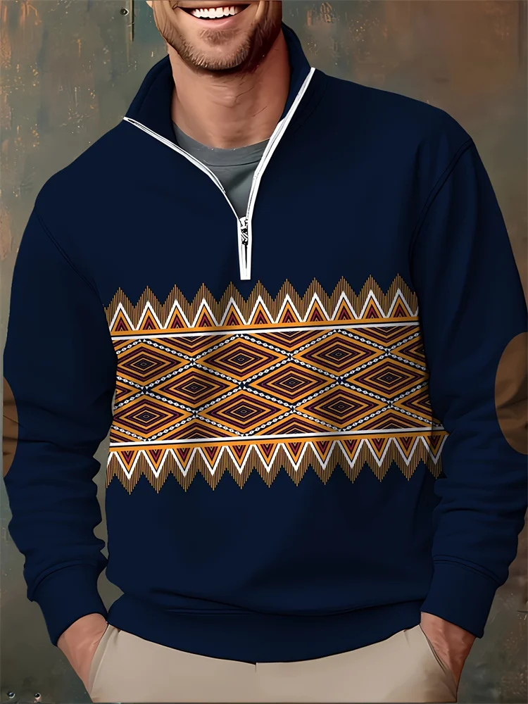 

Fashion Stand Collar Men's Half Zip Long Sleeve Sweatshirts Vintage Nation Style Tops Autumn Winter Casual Pullover Men Clothing