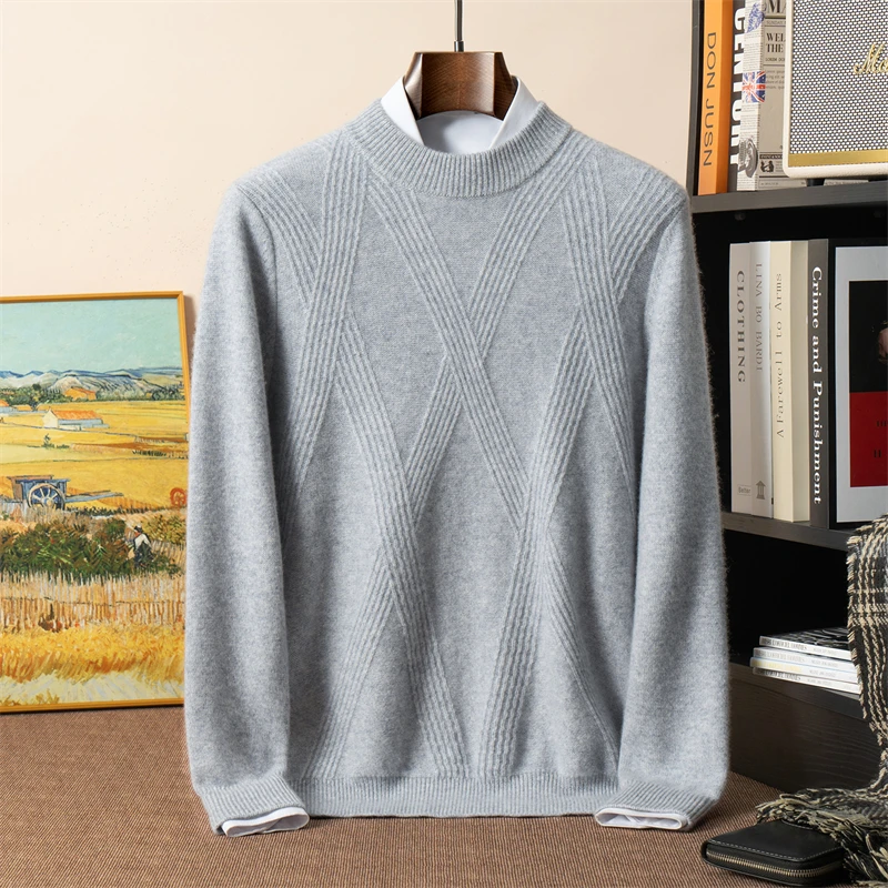 

100% Pure Cashmere Sweater Men's Thickened Sweater Large Diamond Pattern Half Turtleneck Pullover Knitted Base Shirt