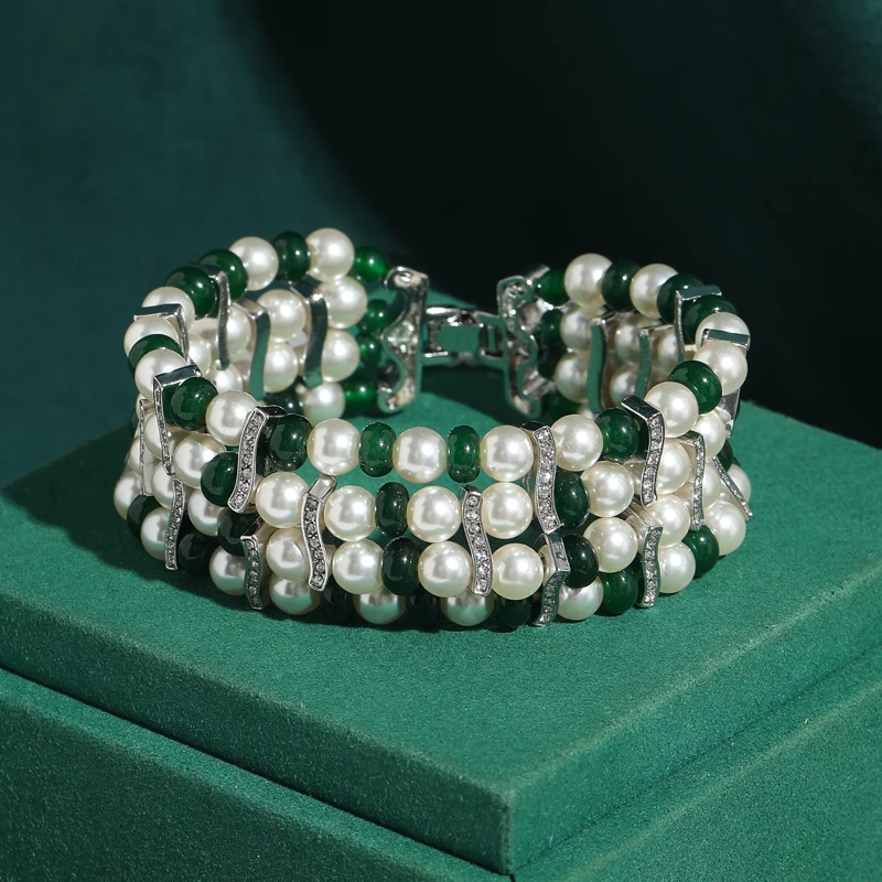 

Винтажные жемчужные браслеты для женщин, серебристого цвета, свадебные, зеленые, многослойные, в богемном стиле, с натуральными камнями, бисерные, подарки, аксессуары 2026