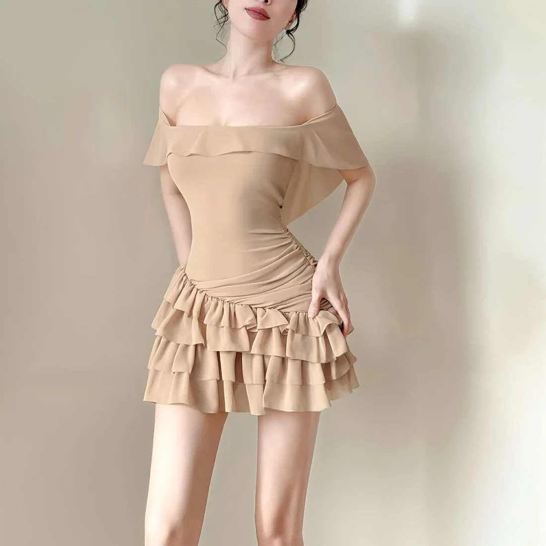 

2026 Summer New Women's Clothing One-word Collar Off-the-shoulder Ruffle Leaf Edge Hip-wrapped Cake Dress