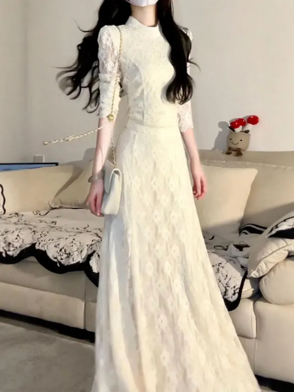 

Chic Lace Top And High Waist Skirt Set Women's Fashion Soft Style Two-Piece Suit Comfortable Short Sleeve round Neck T-Shirt