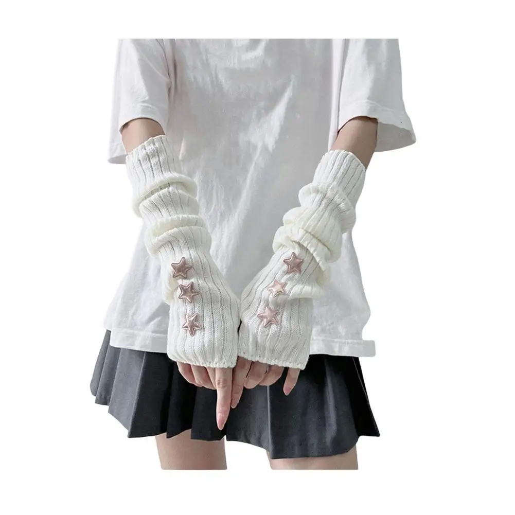 Women Thermal Hand Sleeves Warm Winter Gloves Lolita Style Fingerless Knitted Star Patchwork Women Gloves for Jk Party Arm