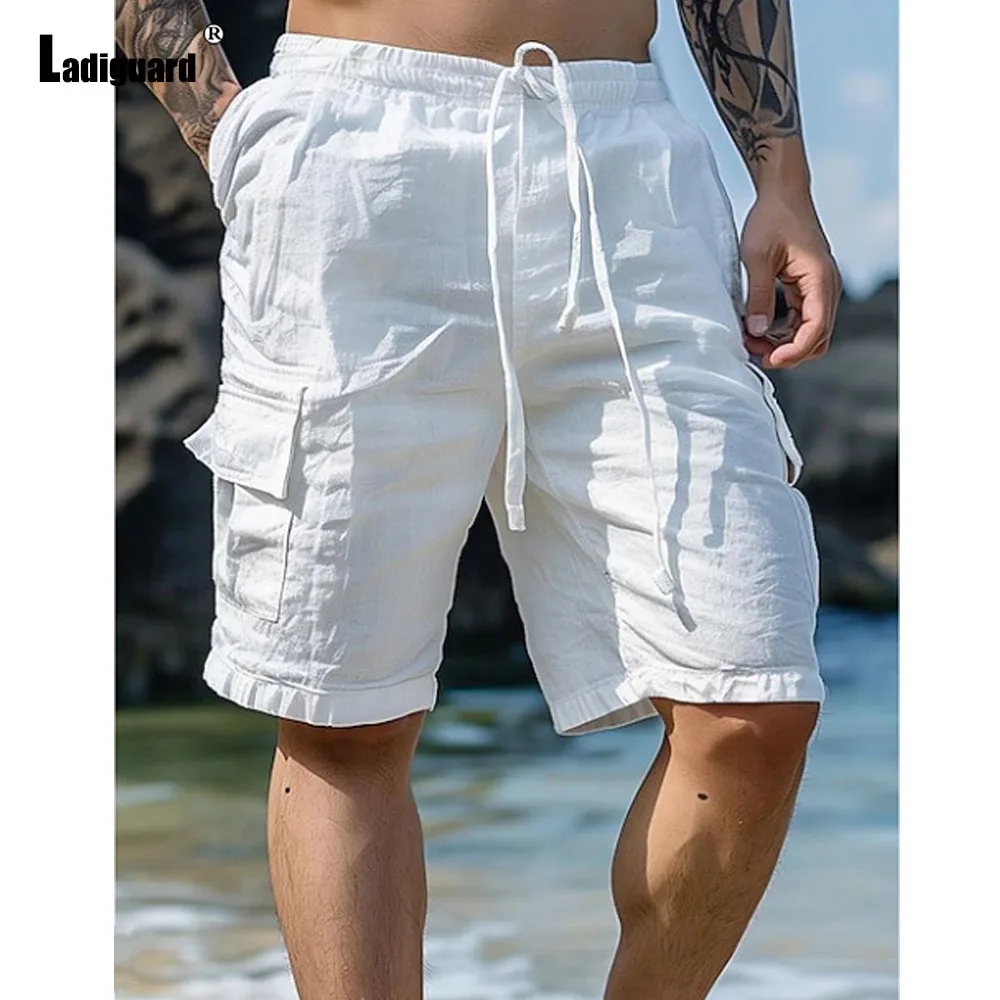 Ladiguard Plus Size 3xl Men Casual Linen Beach Shorts Solid White Khaki Multi-Pocket Shorts Men\'s Drawstring Knee-Length Pants