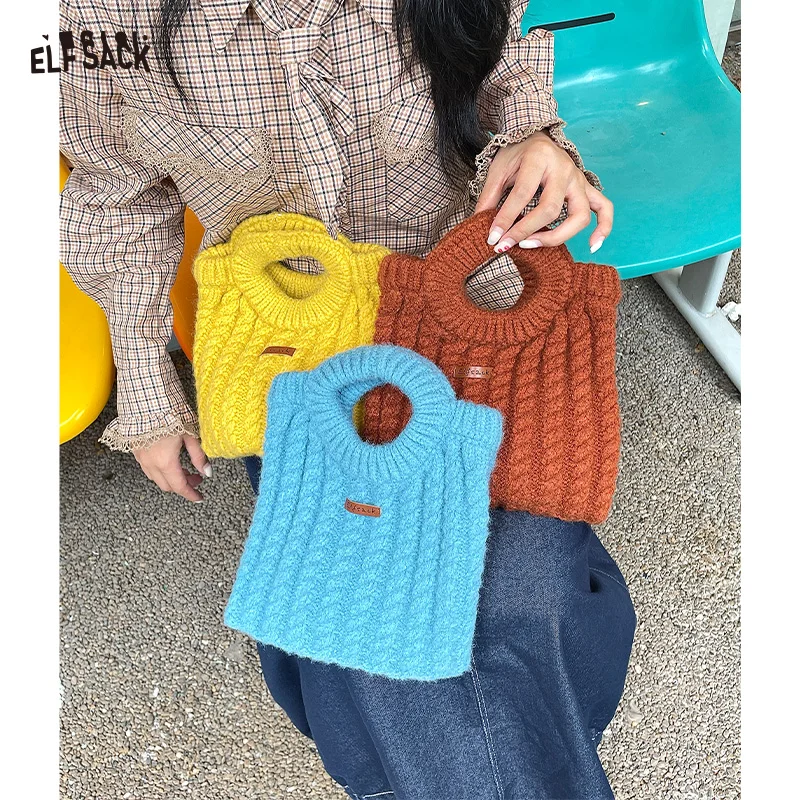 

ELFSACK 2025 Autumn New Arrival Cute Knit Wool Solid Soft Tote Bag For Woman