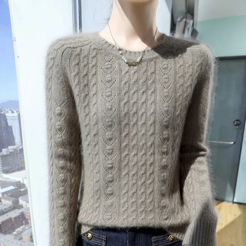 100% Pure Mink Cashmere Knitted Sweater Women's Round Neck Hollow Thicken Pullovers Fashion Loose Large Size Long-Sleeved Blouse
